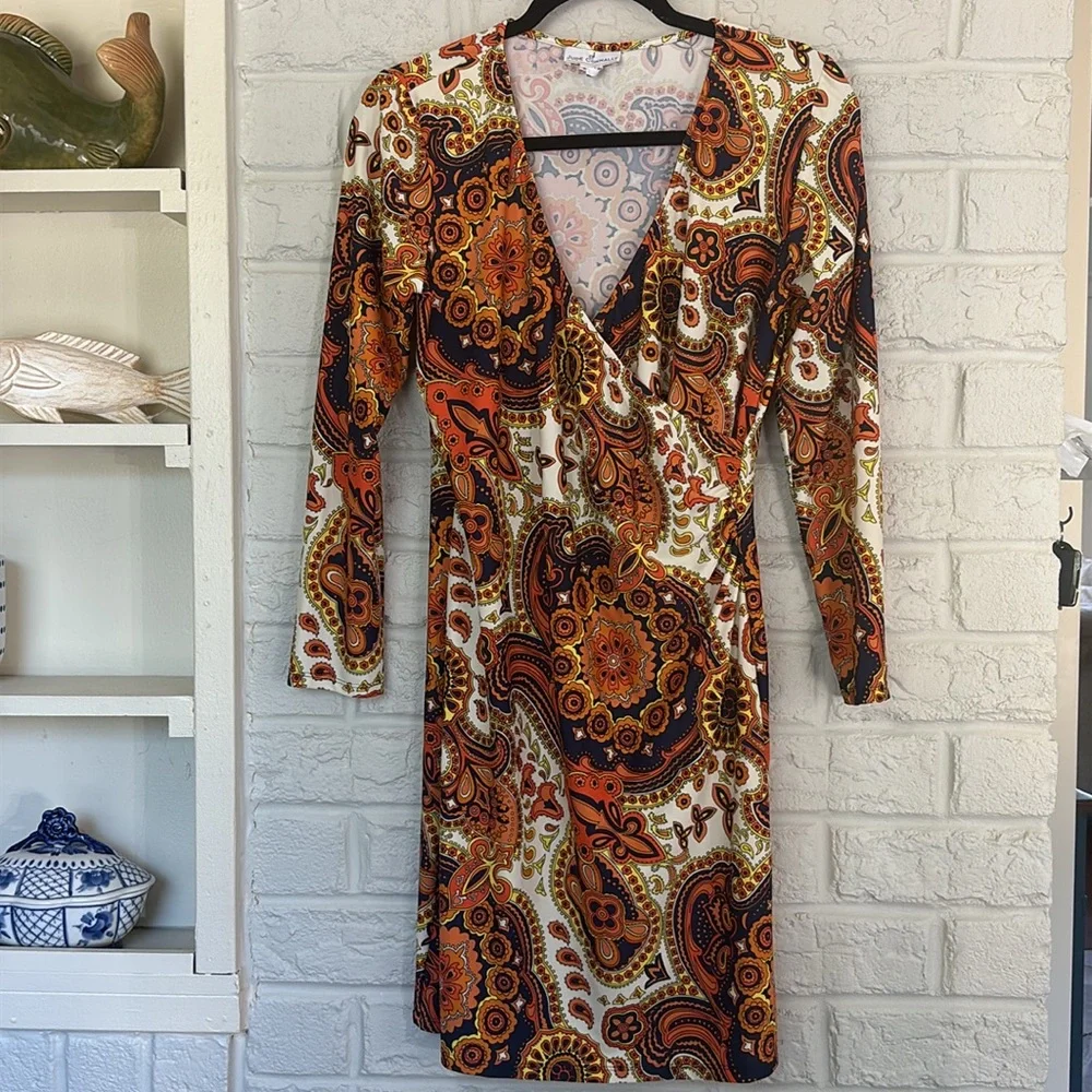 Jude Connally Bold Paisley Print Wrap Style Dress Size Medium